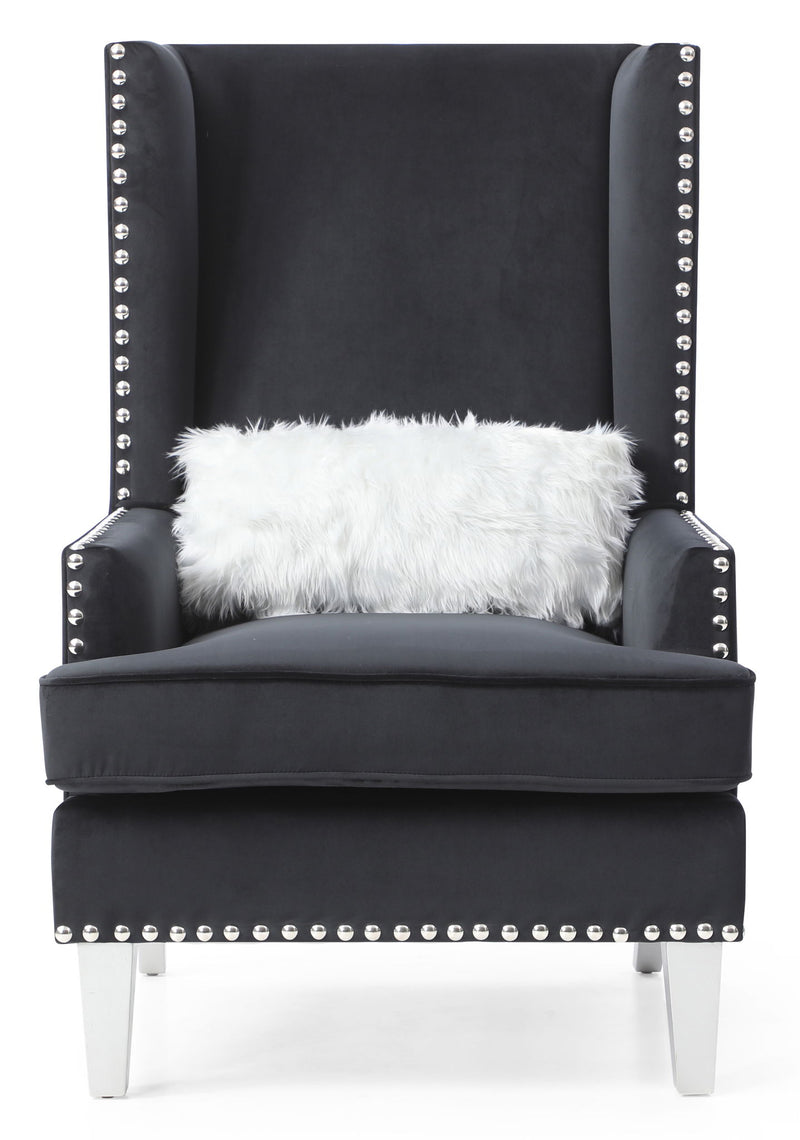 Elegant traditional arm chair by Glory Furniture with carved wooden legs and plush fabric upholstery in a classic design.