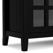 Simpli-Home Acadian TV media stand with open shelves and cabinets in dark wood finish, designed for modern living rooms.