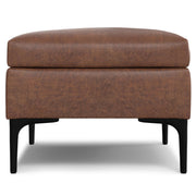 Simpli-Home Rebecca multifunctional coffee table storage ottoman with lift-up lid, beige fabric with wooden legs.