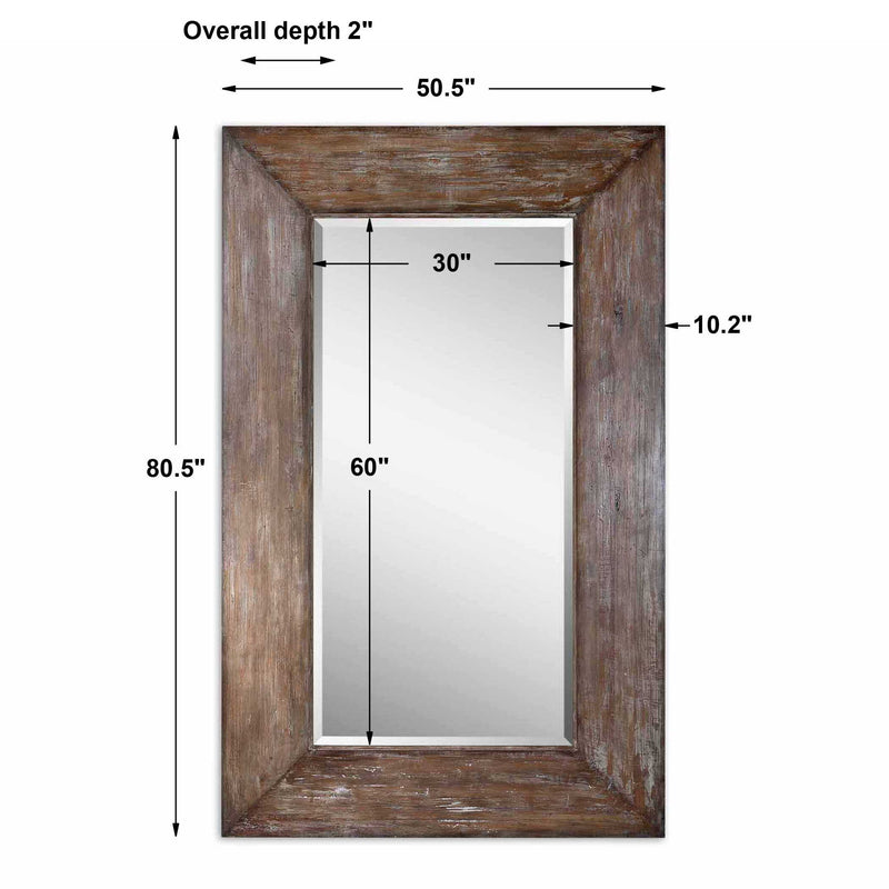 Large dark brown Langford wood wall mirror by Uttermost, showcasing a sleek, rectangular design with a polished wood frame.