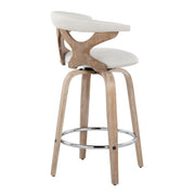 Pair of Lumi Source Gardenia mid-century modern counter stools with swivel seats, fixed height, and sleek wooden legs.
