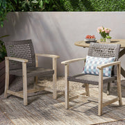 Set of two outdoor dining chairs with acacia wood frames by Noble House, featuring a sturdy design and natural wood finish.