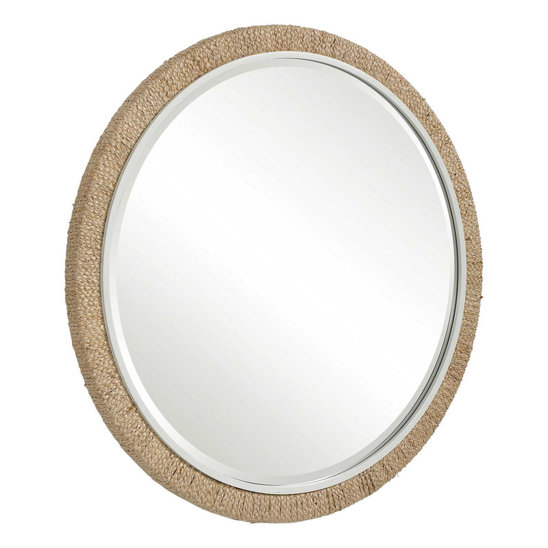 Light brown Carbet round rope wall mirror by Uttermost with a natural rope frame, suitable for modern or coastal decor.