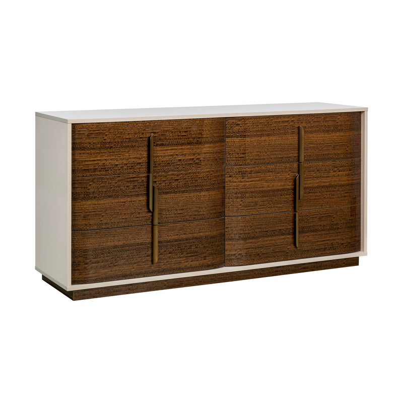 Michael Amini Pavira dresser with attached mirror, featuring a sleek wooden finish and modern design.
