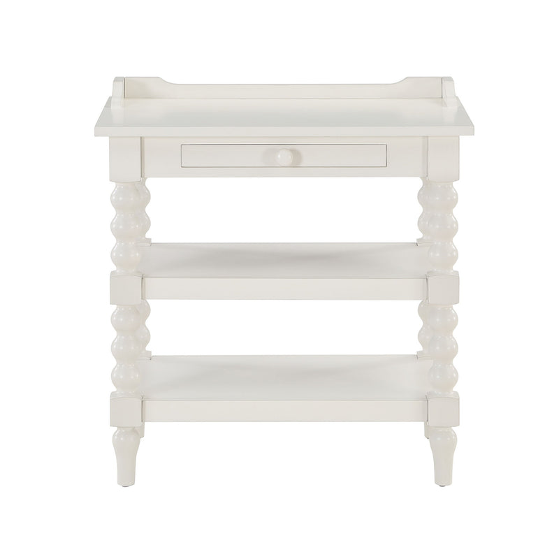 Aria - Nightstand With Styling, 2 Shelves, Pull Out Tray, Spool Turned Legs - Antique White - R&R Furniture Gallery (Fountain Valley, CA)