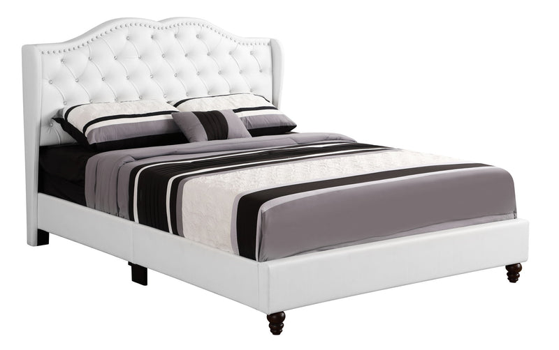 Transitional upholstered bed by Glory Furniture with a padded headboard and sleek fabric design in a modern bedroom setting.