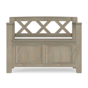Simpli-Home Amherst small transitional entryway storage bench with cushioned top and wooden legs, ideal for seating and organization