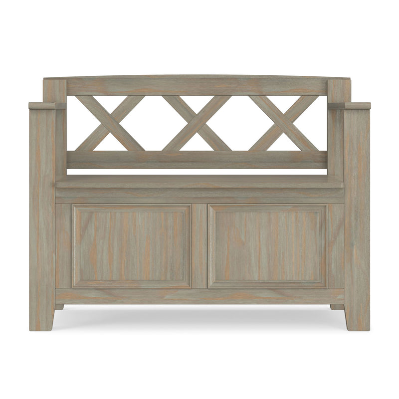 Simpli-Home Amherst small transitional entryway storage bench with cushioned top and wooden legs, ideal for seating and organization