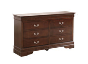 Louis Phillipe bedroom dresser by Glory Furniture featuring multiple drawers and a polished wood finish.