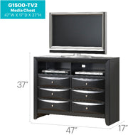 Glory Furniture Marilla media chest with wood finish, featuring drawers and open shelves for TV and media storage.