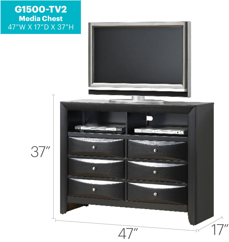 Glory Furniture Marilla media chest with wood finish, featuring drawers and open shelves for TV and media storage.