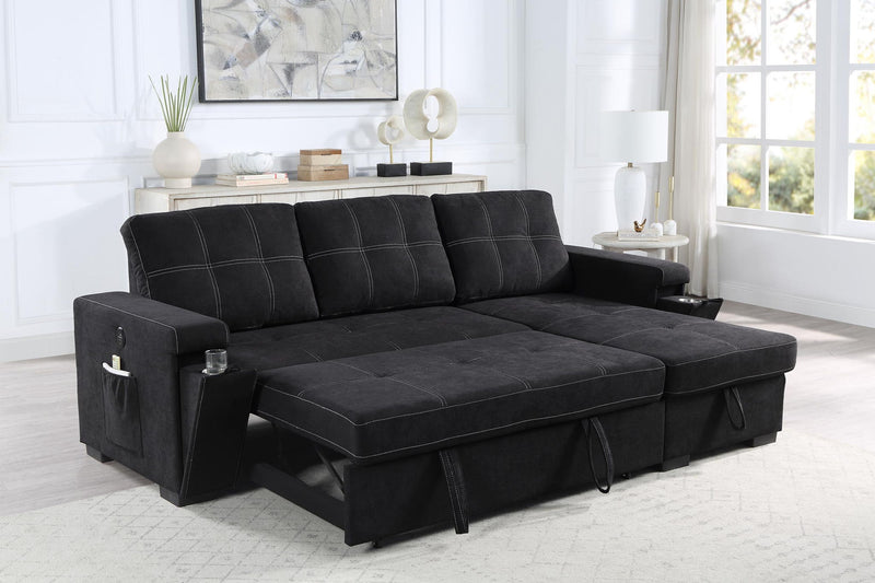 Toby - Woven Fabric Reversible Sleeper Sectional Sofa With Storage Chaise Cup Holder Charging Ports And Pockets - R&R Furniture Gallery (Fountain Valley, CA)