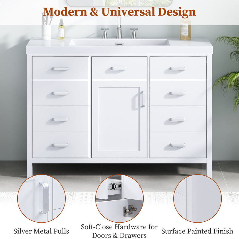 47.25" Modern Bathroom Vanity With Sink, Soft Close Single Door & 6 Drawers - White