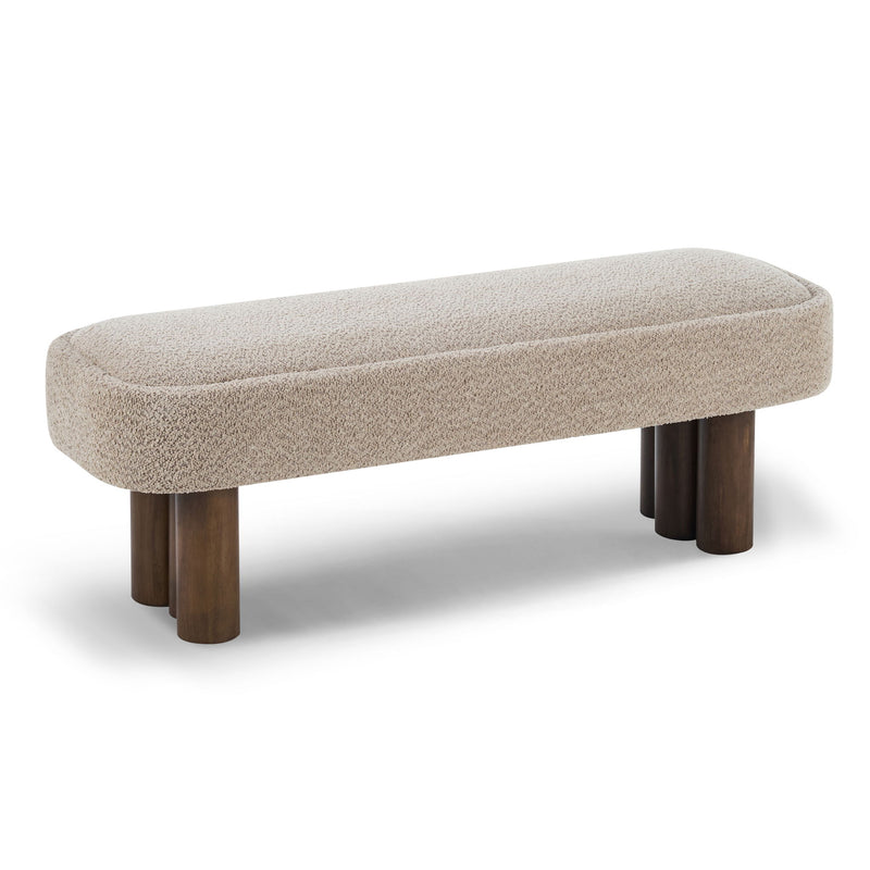 Indoor upholstered dining bench by Noble House, featuring a cushioned seat and wooden legs for comfortable dining room seating.