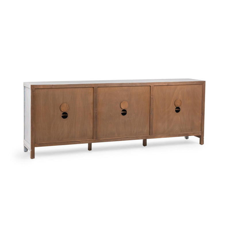 Classic Home Ambrose 6-door coastal buffet cabinet with a soft, light finish and modern design, featuring spacious storage compartments.