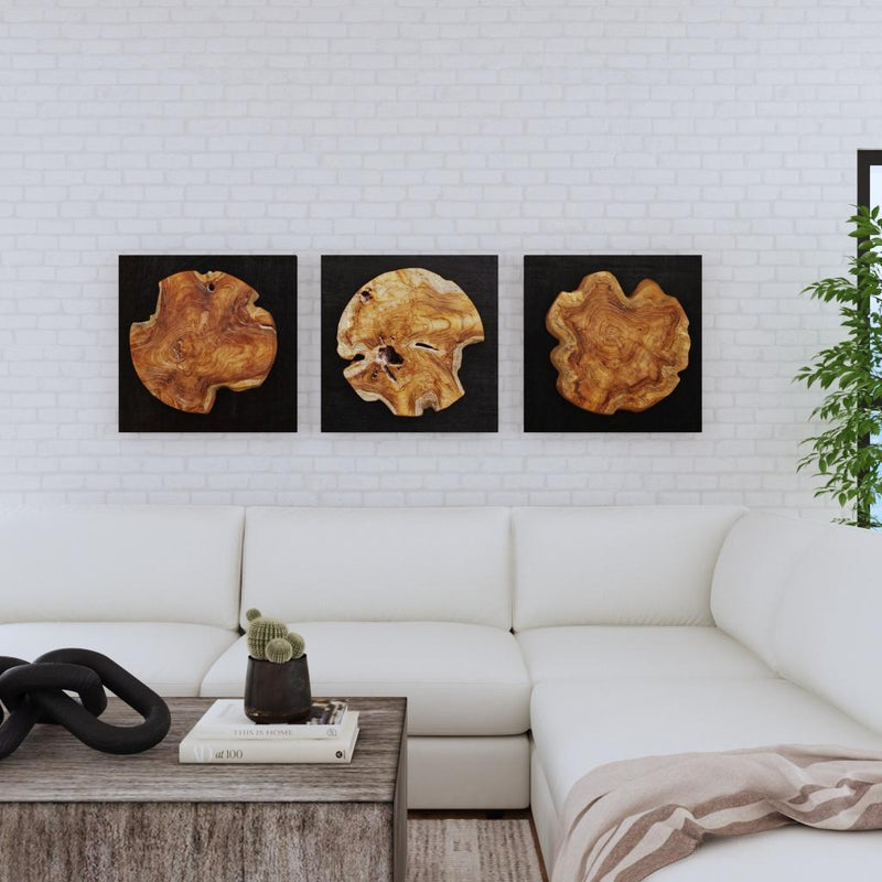 Set of three teak wood wall decor pieces by Uttermost with modern geometric design for stylish home wall decoration.