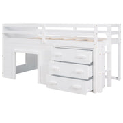 DreamHaus loft bed with built-in cabinet and shelf, showcasing a modern wooden design ideal for space-saving bedroom furniture.