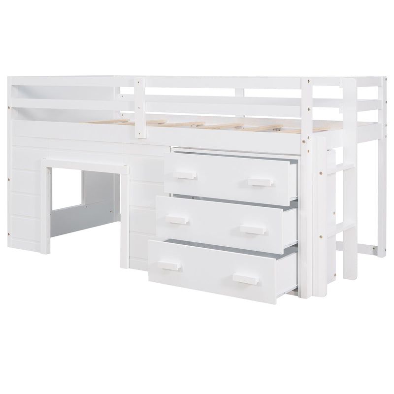 DreamHaus loft bed with built-in cabinet and shelf, showcasing a modern wooden design ideal for space-saving bedroom furniture.