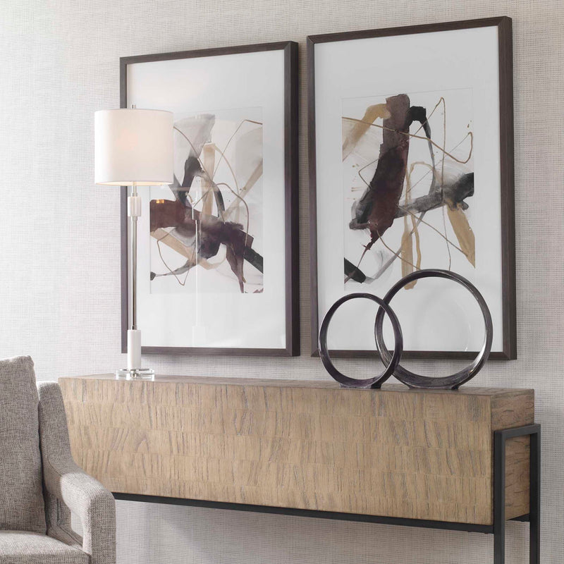 Set of two Burgundy and dark brown abstract canvas art prints by Uttermost, featuring modern interjection designs.