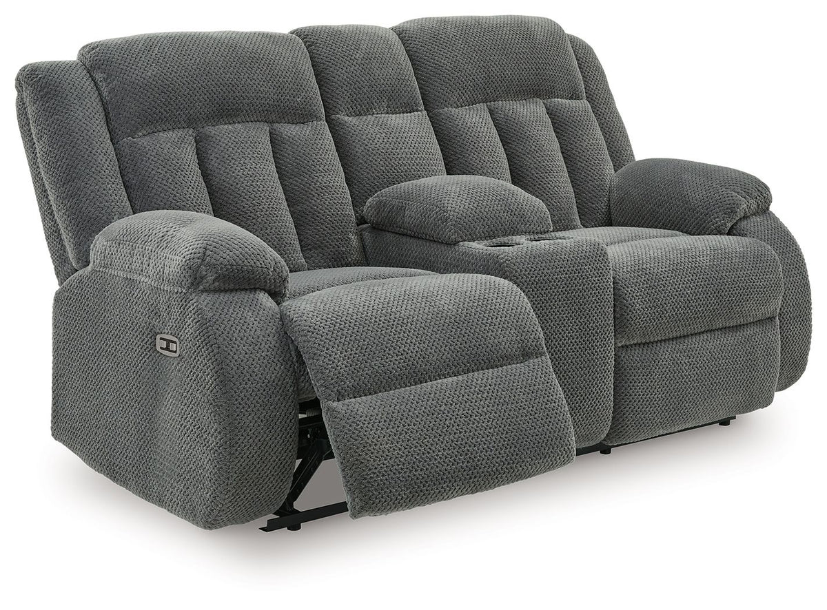 Observation - Double Reclining Power Loveseat With Console - Steel - R&R Furniture Gallery (Fountain Valley, CA)