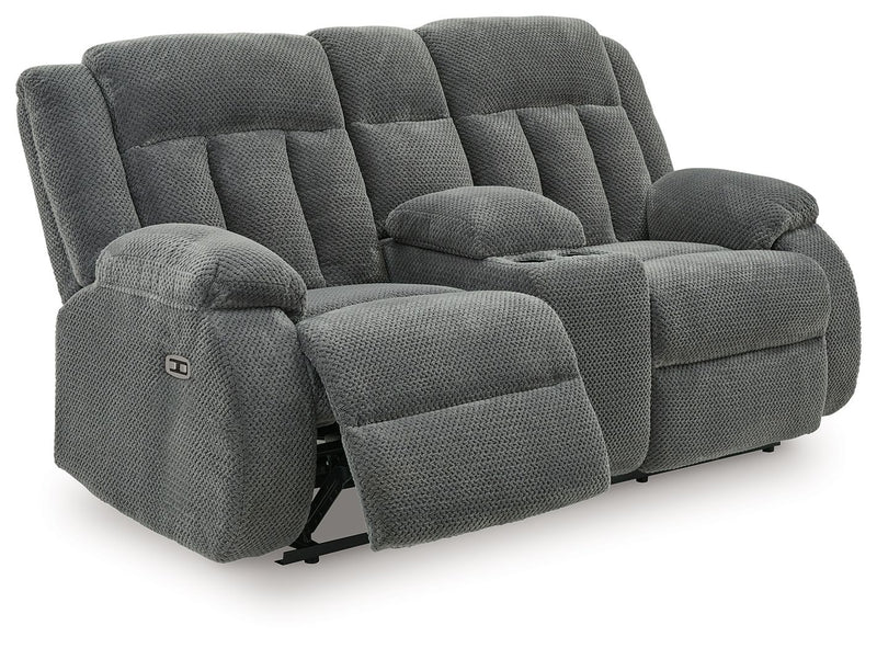 Observation - Double Reclining Power Loveseat With Console - Steel - R&R Furniture Gallery (Fountain Valley, CA)