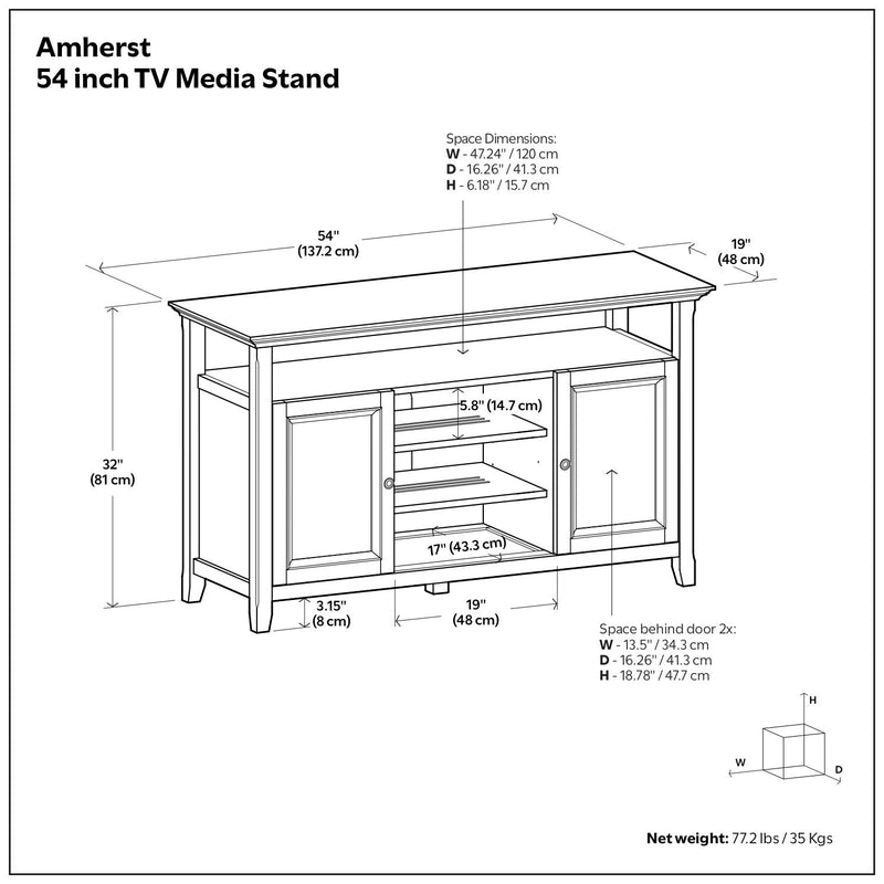Handcrafted Amherst TV media stand by Simpli-Home with storage shelves and a natural wood finish, ideal for modern living rooms.