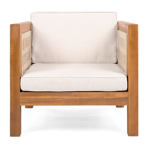 Noble House outdoor club arm chair with rope armrests and cushions, ideal for patio or garden seating.