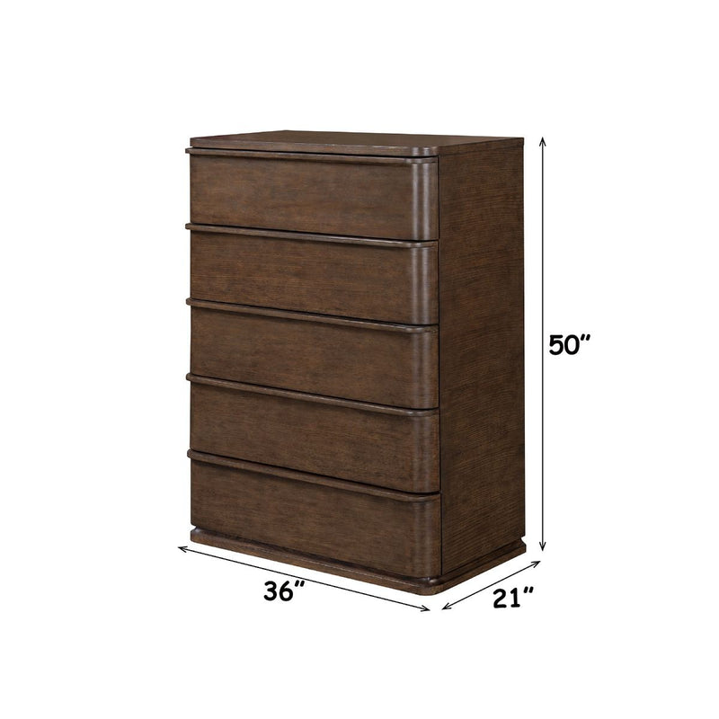 Brown oak accent chest by ACME featuring a stylish wooden design with multiple drawers for storage.