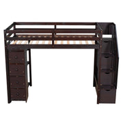 DreamHaus loft bed with built-in storage drawers, stairs with shelves, and a sturdy frame for space-saving bedroom organization.