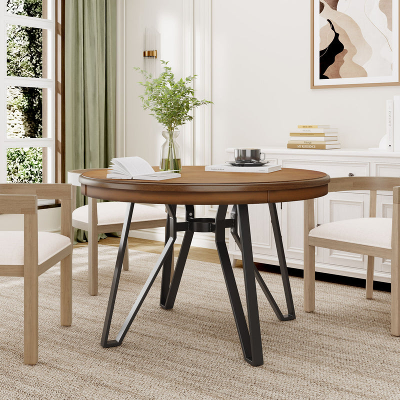 Mid Century Modern Round Dining Table With Metal Legs And Open Shelf - R&R Furniture Gallery (Fountain Valley, CA)
