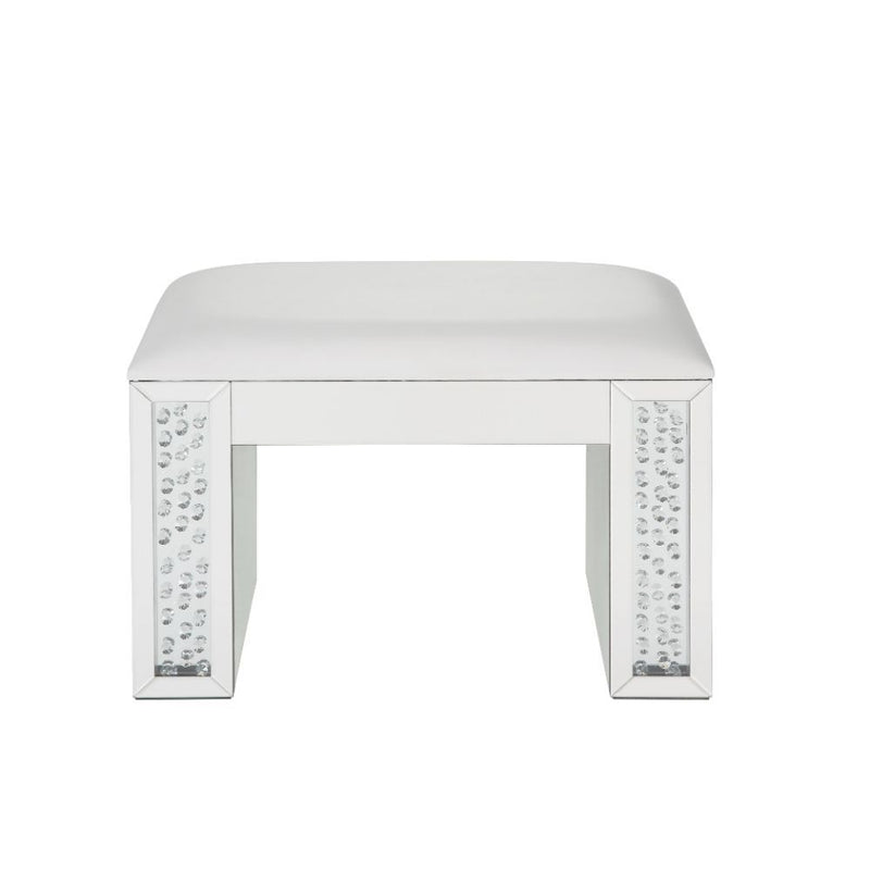 Nysa - Vanity Stool - Ivory Synthetic Leather , Mirrored & Faux Crystals - R&R Furniture Gallery (Fountain Valley, CA)