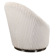 Uttermost Crue fabric swivel chair with plush cushioning and modern design, featuring a rounded back and metal base.