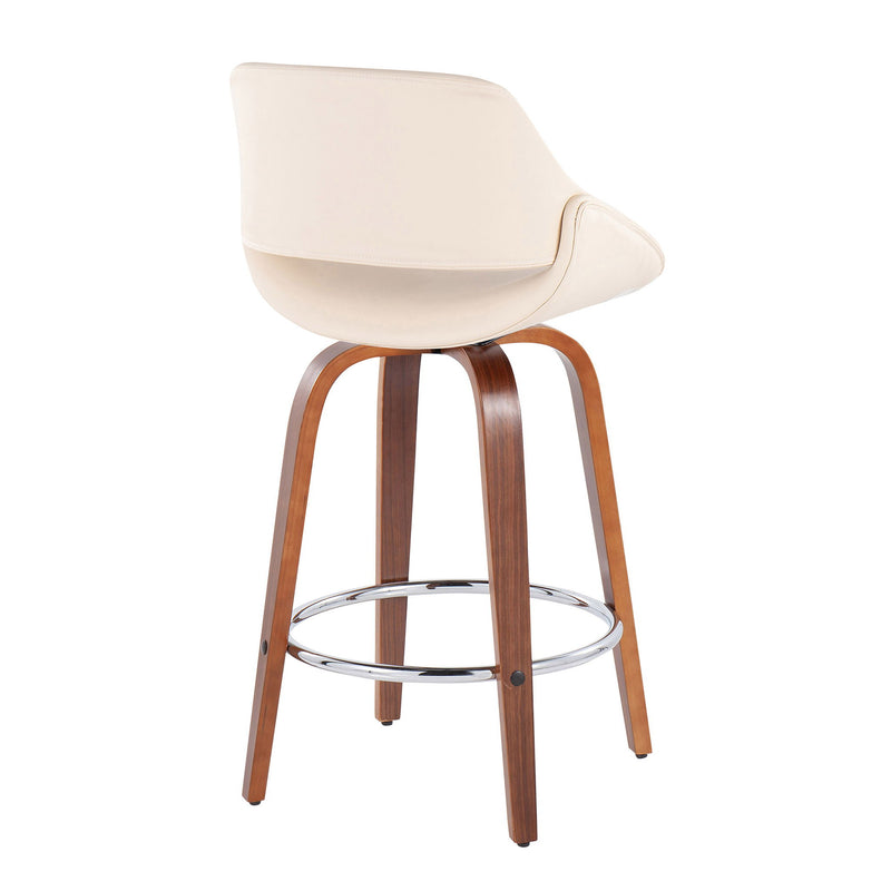 Lumi Source Fabrico mid-century modern fixed height counter stool set with round footrest, featuring sleek wooden seats and metal legs.
