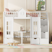 DreamHaus twin over twin bunk bed with changeable table, featuring an upper bed and a down desk for versatile bedroom use