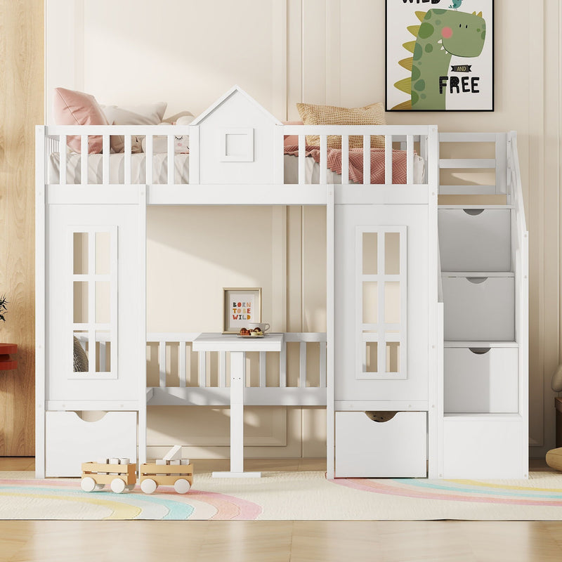 DreamHaus twin over twin bunk bed with changeable table, featuring an upper bed and a down desk for versatile bedroom use