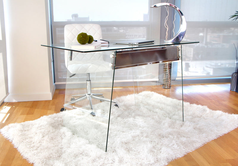 Lumi Source Glacier contemporary desk with clear glass top and chrome frame, modern writing desk for home or office use