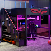 Full Gaming Loft Bed With Desk And Storage Staircase, LED Lights And USB - Red / Black - R&R Furniture Gallery (Fountain Valley, CA)