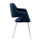 Set of two Lumi Source vintage flair art deco accent chairs with chrome legs, upholstered in yellow, black, blue, or cream fabric.