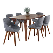 Lumi Source Folia Fabrico 7-piece mid-century modern dining set with wooden table and matching chairs in a stylish dining room.