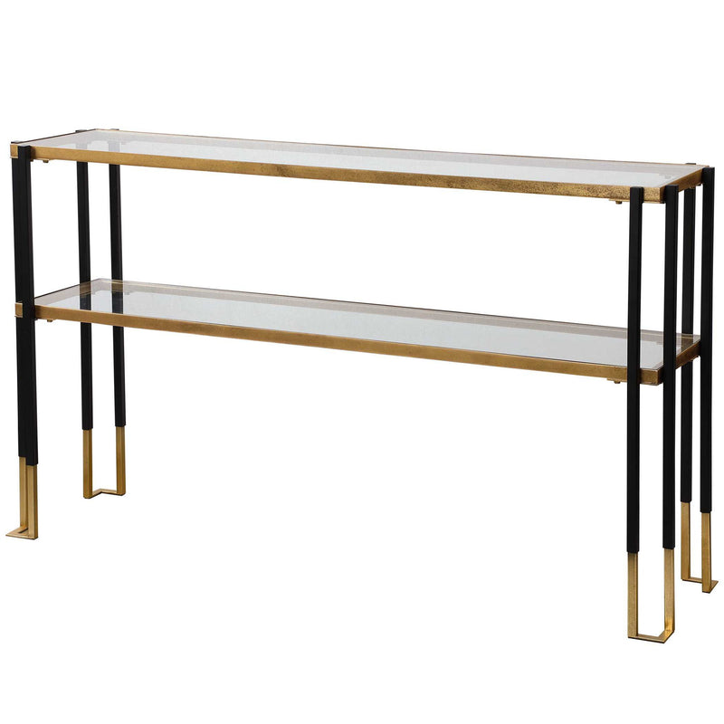 Uttermost Kentmore glass console table with sleek metal frame and clear glass top, modern design for entryways or living rooms.