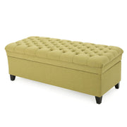 Noble House Juliana storage ottoman with birch wood legs and cushioned top, ideal for living room or bedroom storage solutions.