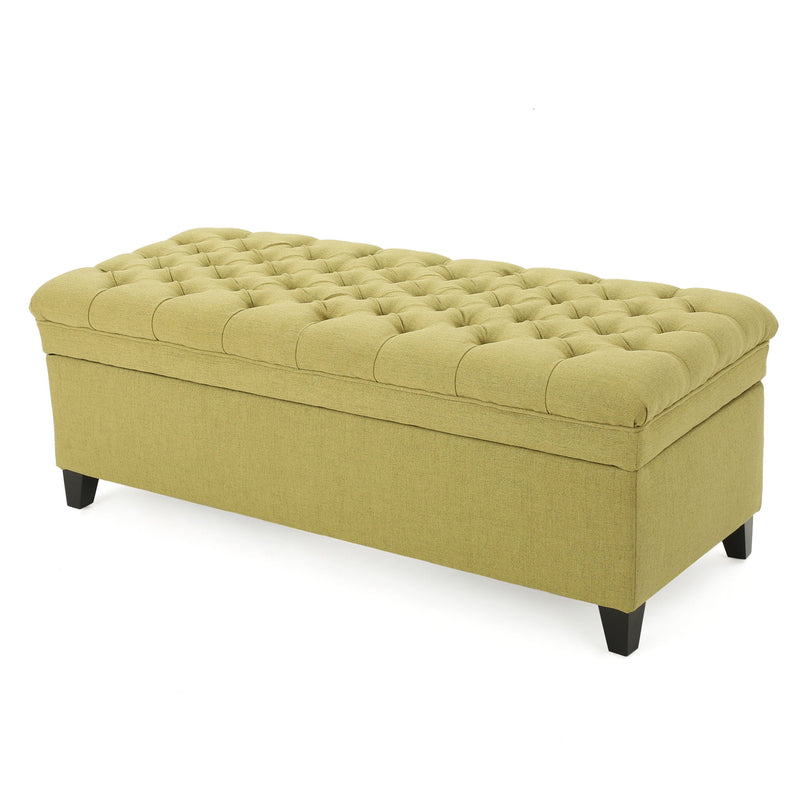 Noble House Juliana storage ottoman with birch wood legs and cushioned top, ideal for living room or bedroom storage solutions.