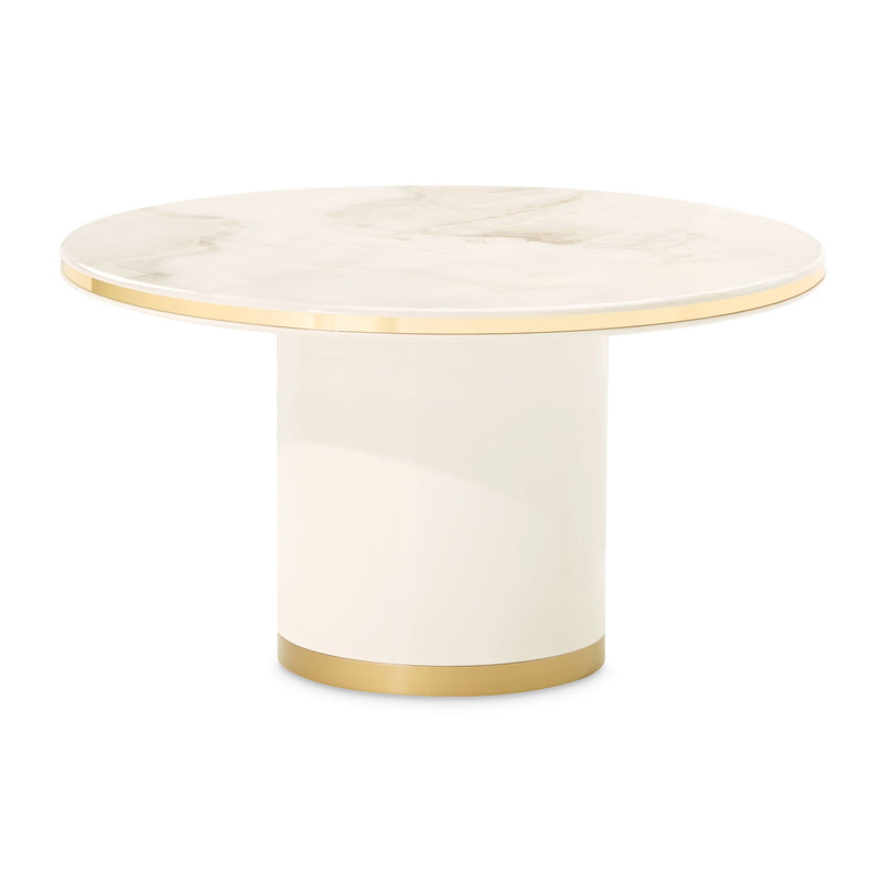 Michael Amini Gineverra round cocktail table with ivory and gold finish, showcasing a stylish and elegant design.