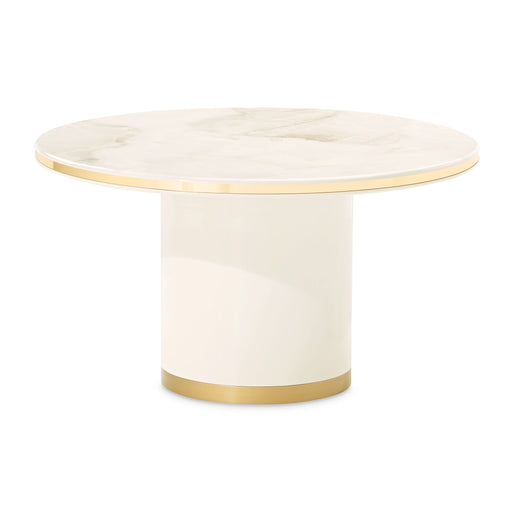 Michael Amini Gineverra round cocktail table with ivory and gold finish, showcasing a stylish and elegant design.