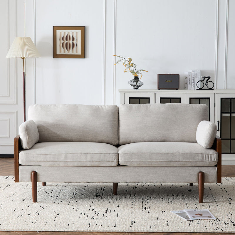 Noble House mid-century modern stationary sofa with wood sides, featuring sleek design and plush upholstery.