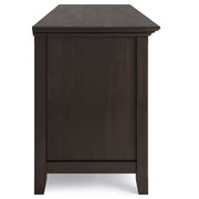 Wide Amherst TV media stand by Simpli-Home with open shelves and storage compartments for media devices and decor.