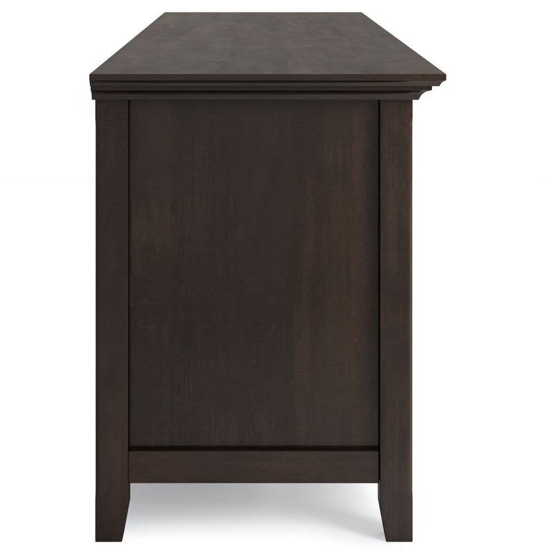 Wide Amherst TV media stand by Simpli-Home with open shelves and storage compartments for media devices and decor.