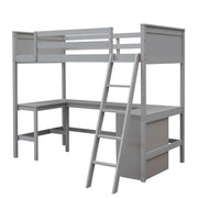 DreamHaus loft bed with integrated shelves and desk, featuring a sturdy wooden frame and space-saving design for bedrooms.