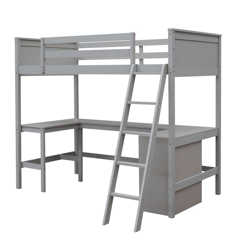 DreamHaus loft bed with integrated shelves and desk, featuring a sturdy wooden frame and space-saving design for bedrooms.