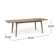 Noble House Placidity outdoor expandable dining table with slatted tabletop and tapered legs, perfect for patio dining.